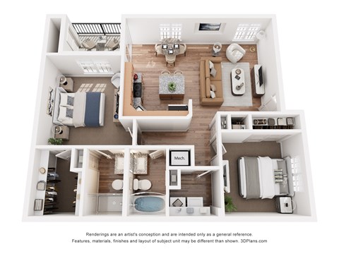 A 3D floor plan of a house with a kitchen, living room, and bathroom.
